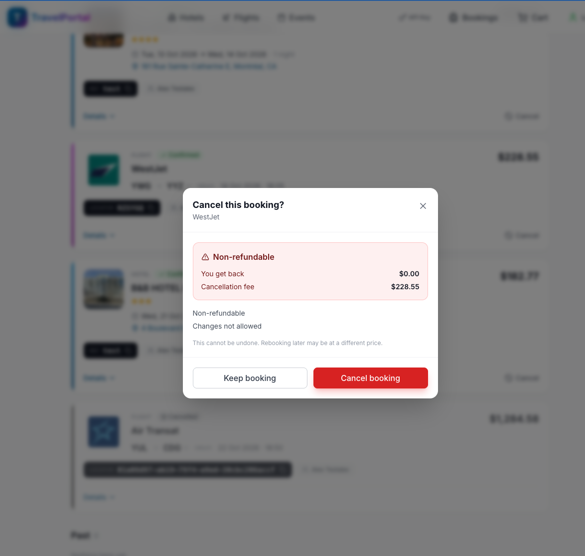 A traveller's bookings list holding items from several suppliers, with a cancellation dialog open on a WestJet flight. It states the fare is non-refundable, that the refund would be USD 0.00 against a cancellation fee of USD 228.55, that changes are not allowed, and that the action cannot be undone.