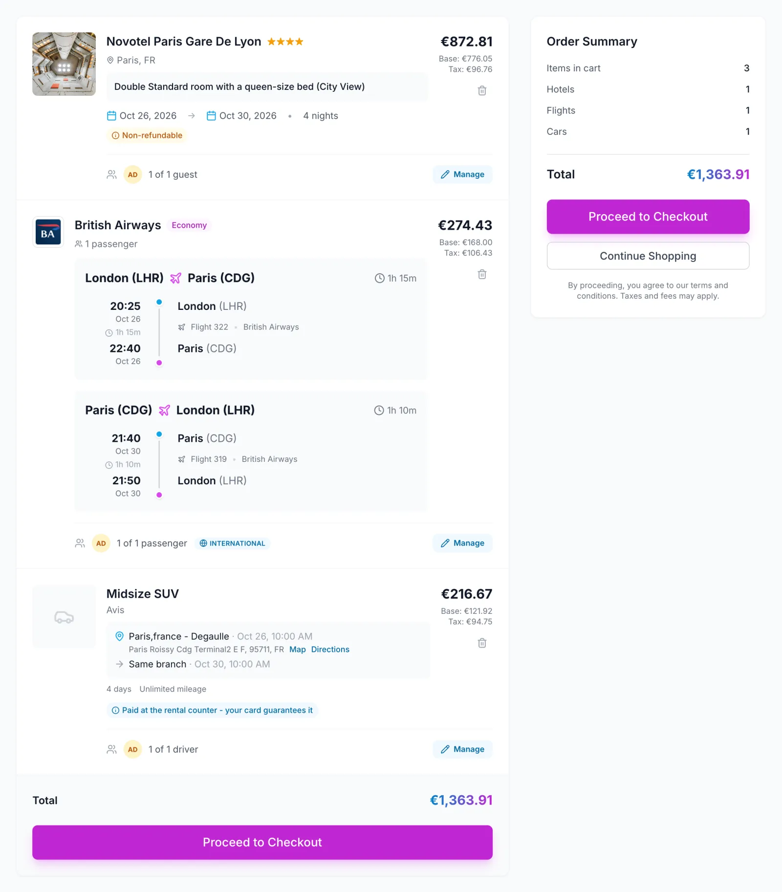 A storefront cart with a Paris hotel, a London to Paris return flight and a car rental at Charles de Gaulle, each from a different supplier, each with its traveller assigned, and one total.