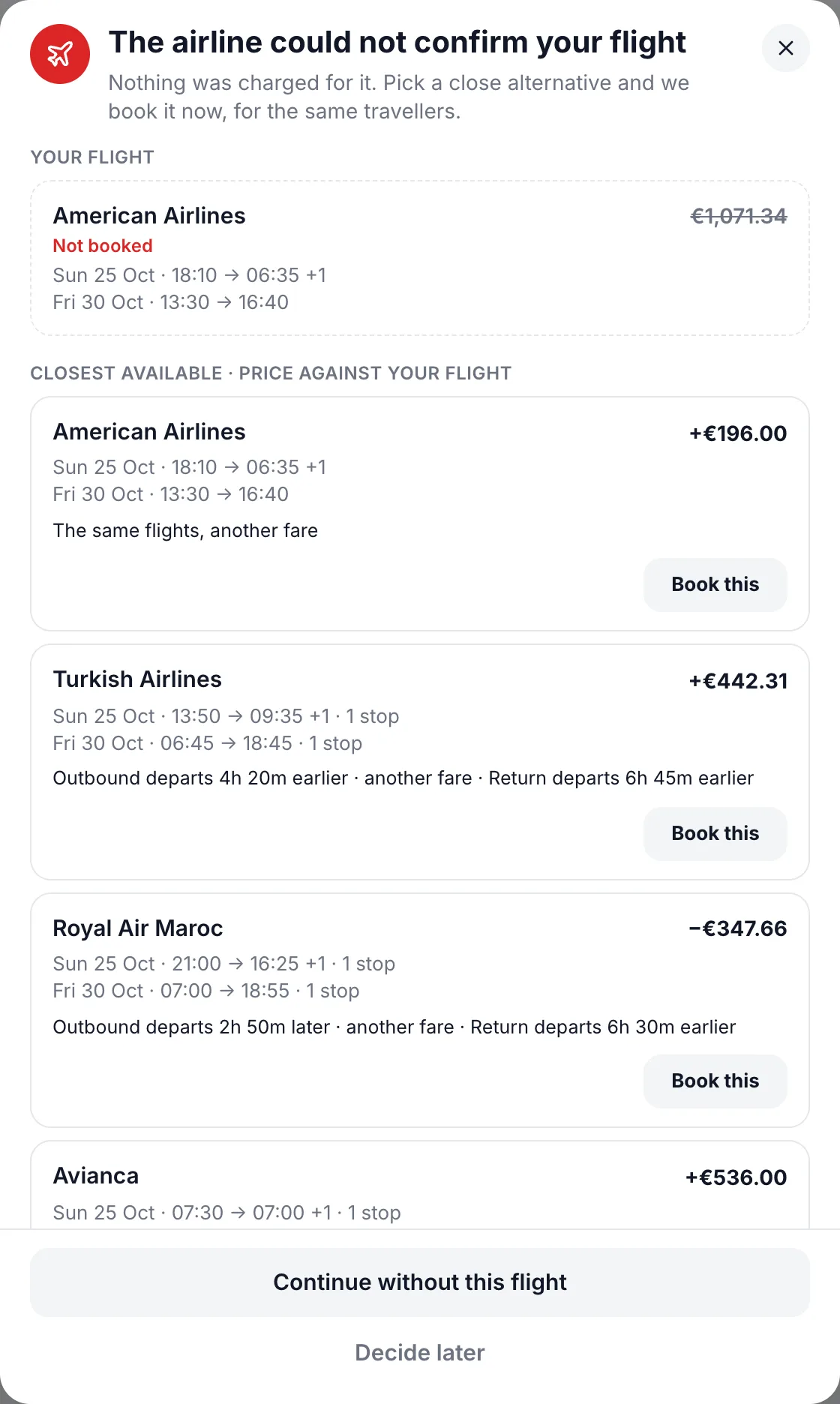 A storefront checkout where the airline could not confirm the flight: nothing was charged, and the closest flights are listed with their dates, times, stops and price difference, to book in the same checkout.