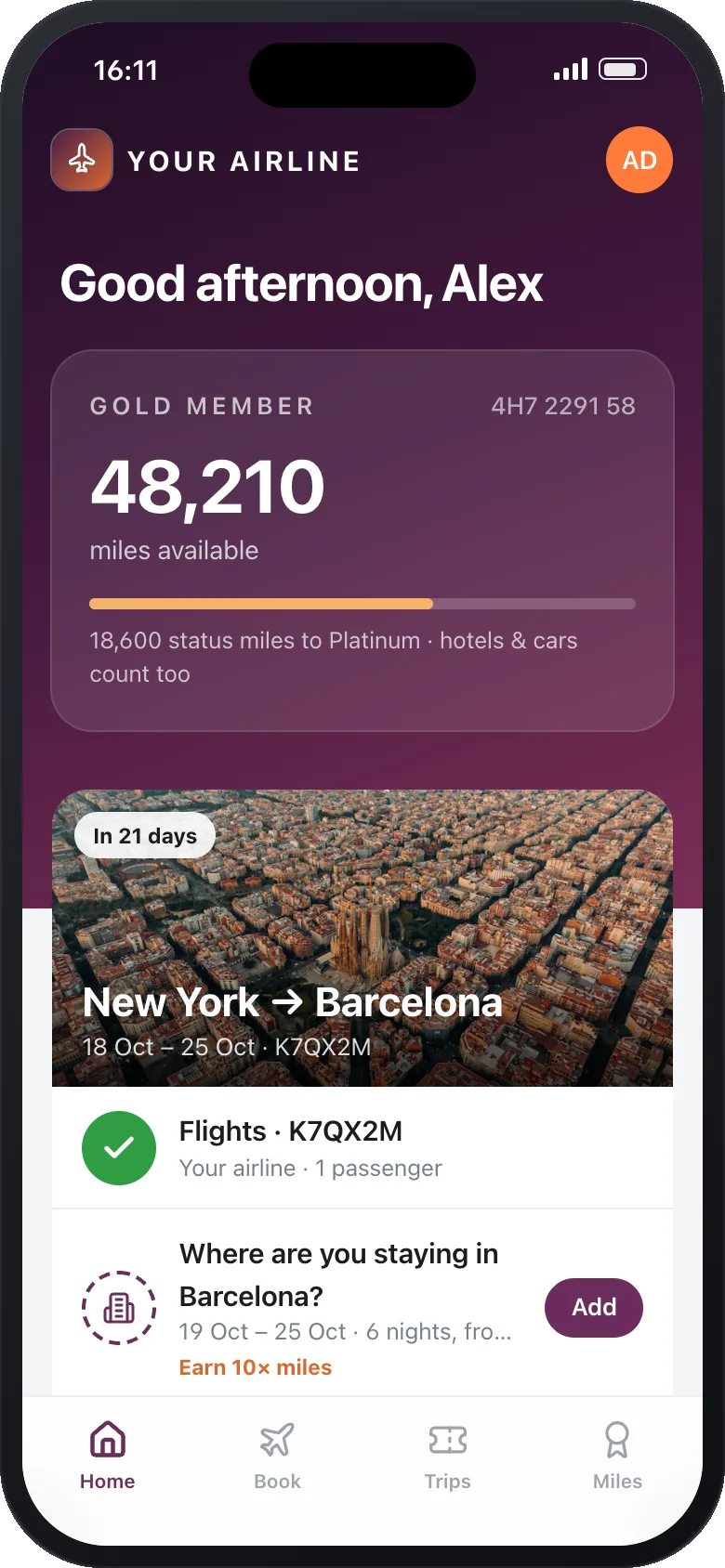 An airline app home screen for a gold member with an upcoming New York to Barcelona trip, offering a hotel for the six nights between the flights with ten times the miles.
