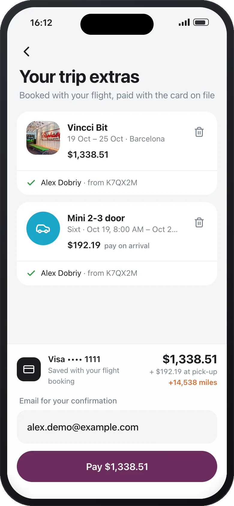 Trip extras for booking K7QX2M: a Barcelona hotel and a car rental, both with the passenger filled in from the booking, paid with the card on file, with the miles to be earned.