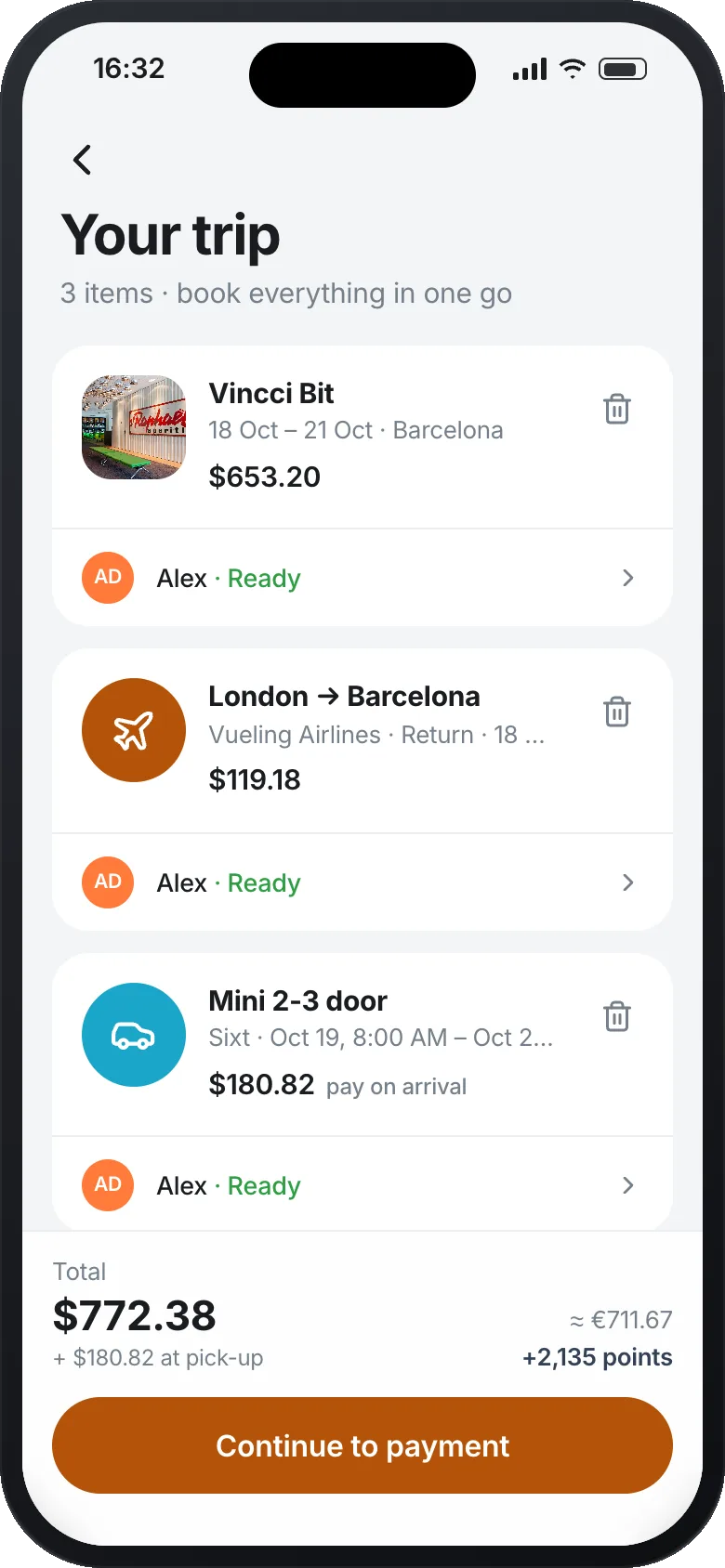 A trip basket with a Barcelona hotel, a return flight from London and a car rental, each from a different supplier, each with its traveller filled in.