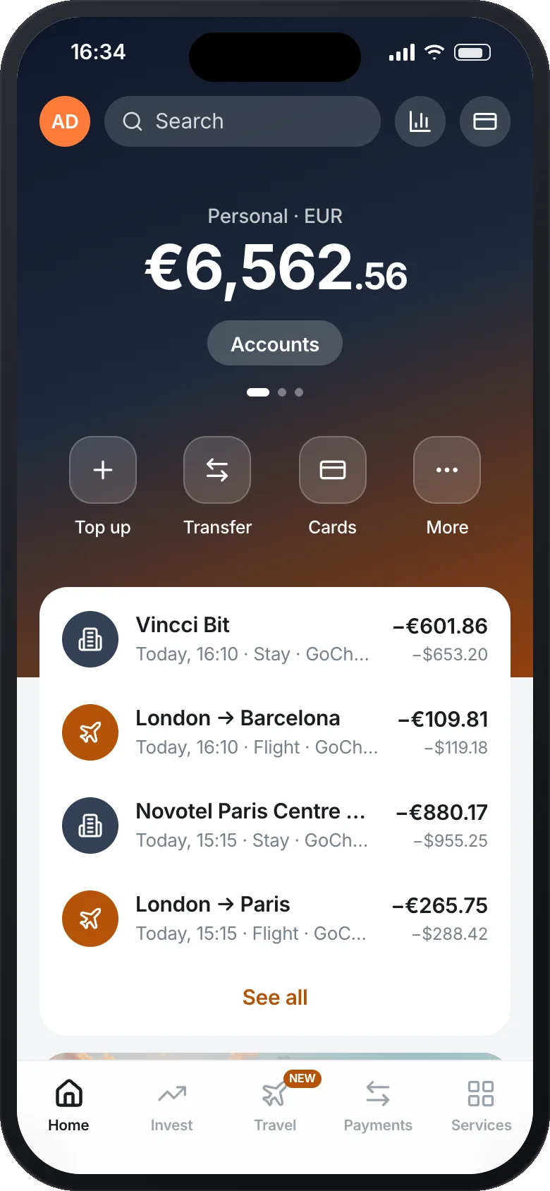 The bank’s home screen: the EUR balance, and at the top of the account feed a Barcelona hotel stay and a London to Barcelona flight booked a moment ago.