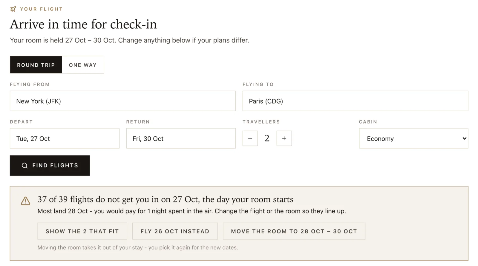 A notice under the flight search: 37 of 39 flights do not get the guest in on the day the room starts, with options to show the two that fit, fly a day earlier, or move the room.