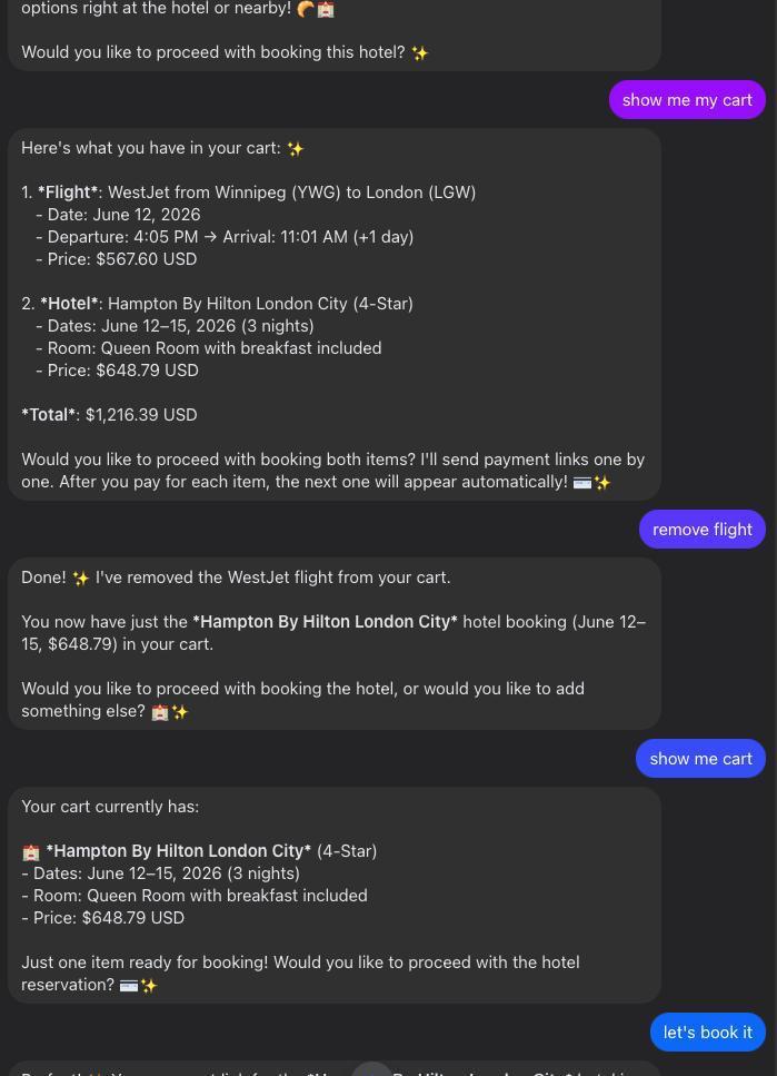 A chat conversation showing a two-item cart — a WestJet flight from Winnipeg to London and a Hampton by Hilton hotel — then the flight being removed and the cart recalculating to the hotel alone.